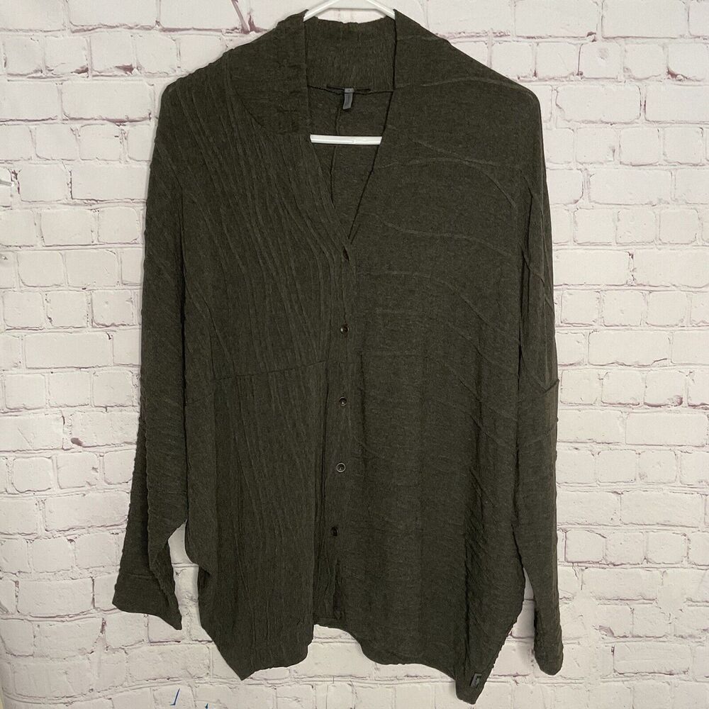 Oska‎ 1 Womens XL Cardigan Sweater Khaki Green Button Up Lagenlook Dolman Sleeve